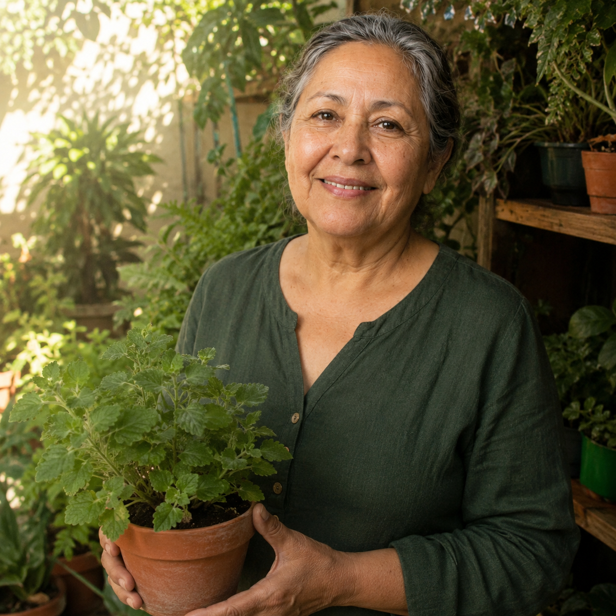 Dona Tereza a cuidar das suas plantas