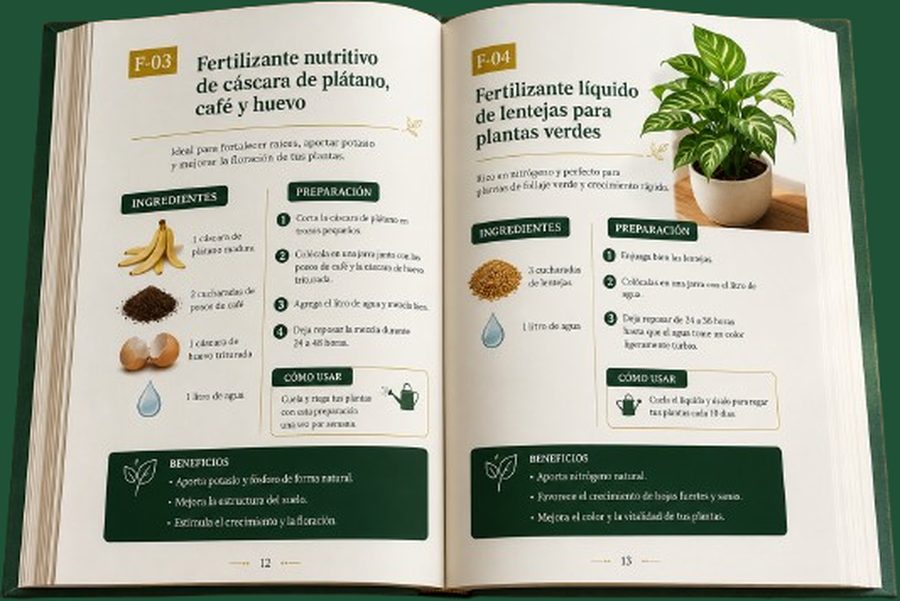 Interior del recetario Oro Verde: recetas con ingredientes, preparación y modo de uso
